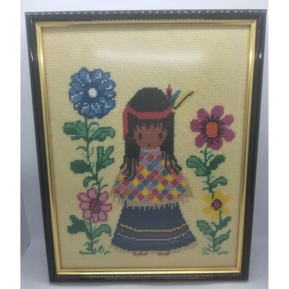 Ted DeGrazia Flower Girl Poncho Girl Finished Needlepoint Cross Stitch Framed - Picture 6 of 10